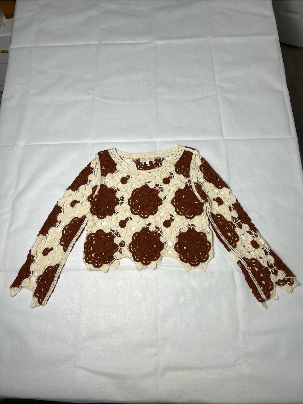 Rebellion cream and brown crochet top Size M